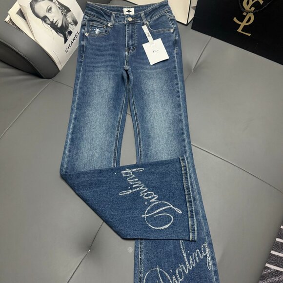 Dior Rhinestone-Embellished Letter Micro-Flared Jeans - Picture 1 of 10